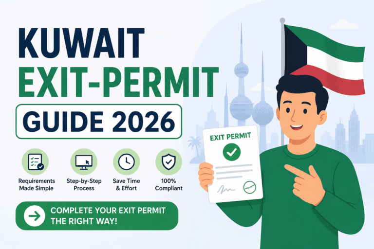 Animated illustration for Kuwait Exit-Permit Guide 2026 featuring a smiling person holding an approved exit permit document with the Kuwait flag and Kuwait City skyline in the background.
