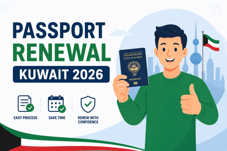 Animated illustration for Passport Renewal Kuwait 2026 showing a smiling person holding a Kuwaiti passport with the Kuwait skyline and flag in the background.