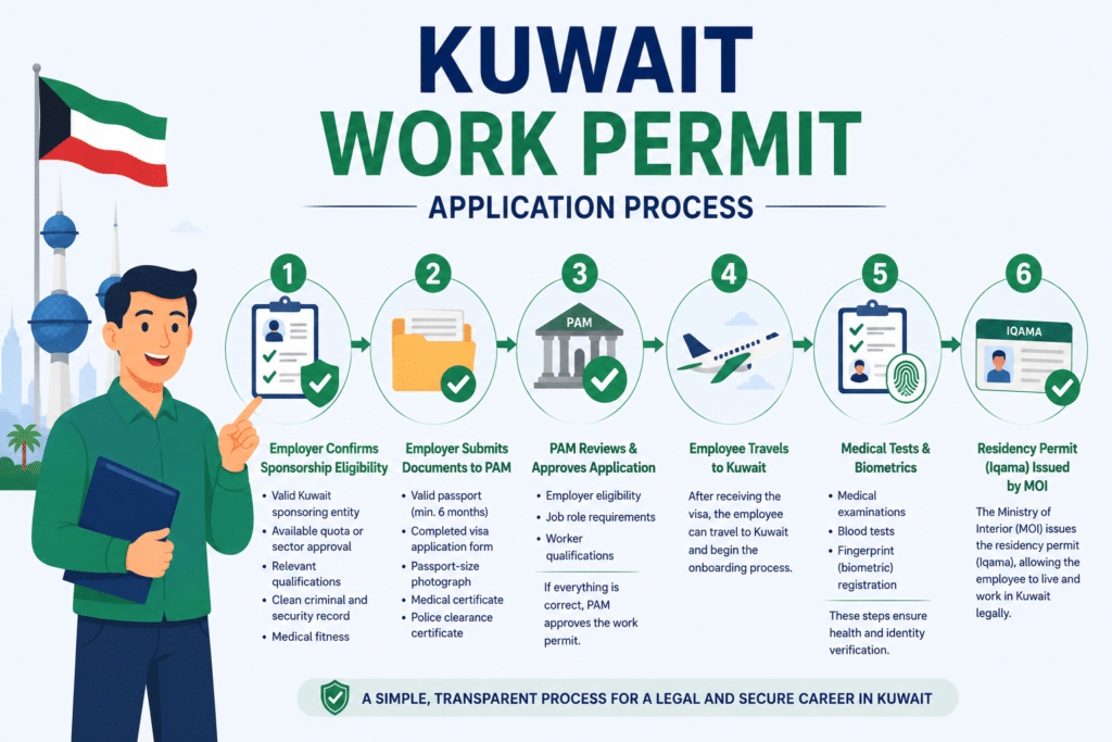 Kuwait work permit application process infographic showing six steps from employer sponsorship to Iqama residency permit issuance.