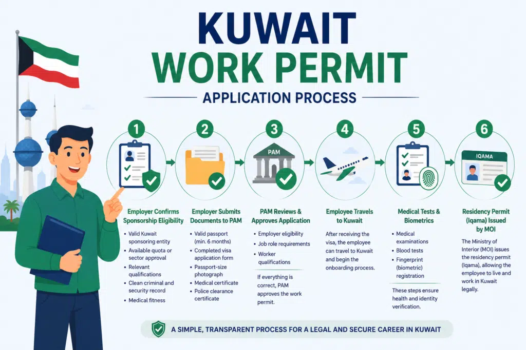 General overview of steps to obtain Kuwait Work Permit application and acces to Iqama residency permit from an employer.
