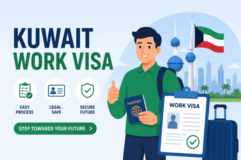 Kuwait work visa illustration showing a foreign worker holding a passport and work permit with Kuwait Towers and Kuwait flag in the background.