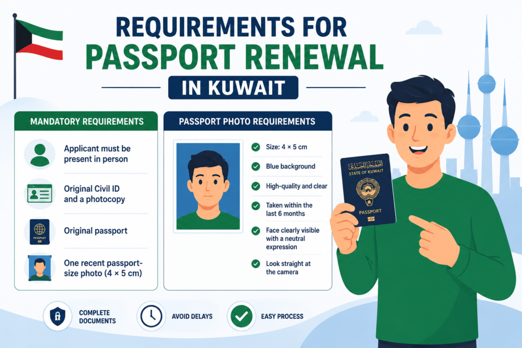 This image is designed to be an infographic that lists all the required documents for passport renewal, the requirements for the photo of the applicant, and an animated person with a Kuwaiti passport in their hand.