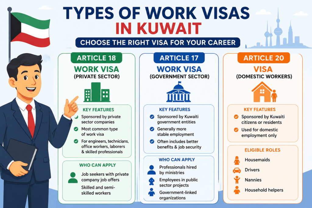 Types of Work Visas in Kuwait infographic showing Article 18 private sector visa, Article 17 government sector visa, and Article 20 domestic worker visa with key features and eligibility details