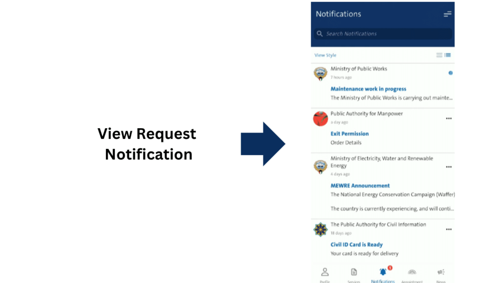 Sahel app notification screen showing Kuwait exit permit request notification and application updates.