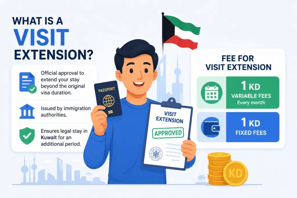 What is a visit extension in Kuwait infographic showing an animated traveler holding a passport and approved visit extension document with Kuwait visit extension fees and legal stay information.