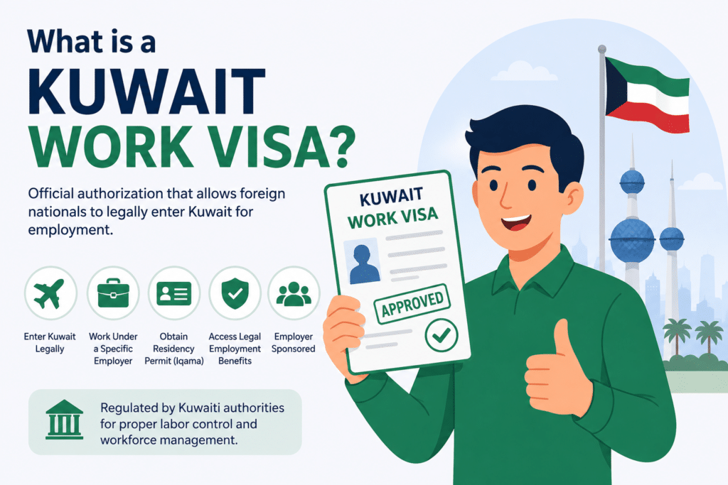 What is a Kuwait Work Visa illustration showing a foreign worker holding an approved work visa with Kuwait Towers and Kuwait flag in the background.