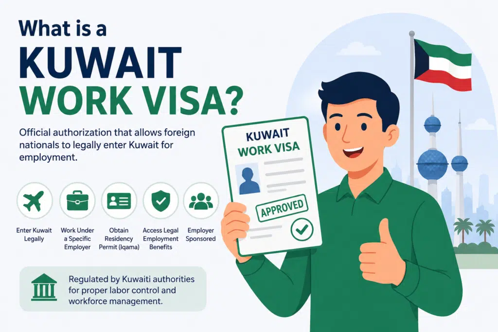 What is a Kuwait Work Visa illustration showing a foreign worker holding an approved work visa with Kuwait Towers and Kuwait flag in the background.