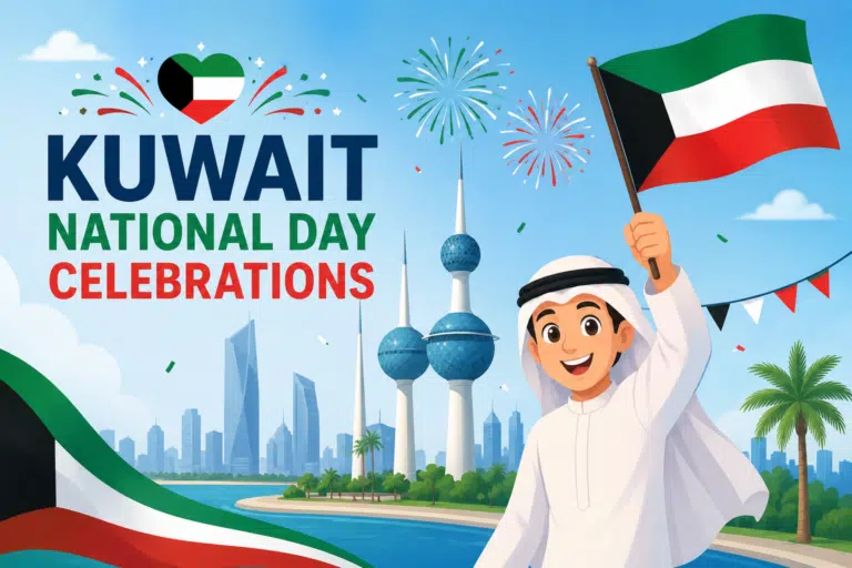 Kuwait National Day celebrations illustration featuring an animated person waving the Kuwait flag with the Kuwait Towers, fireworks, and the Kuwait skyline in the background.