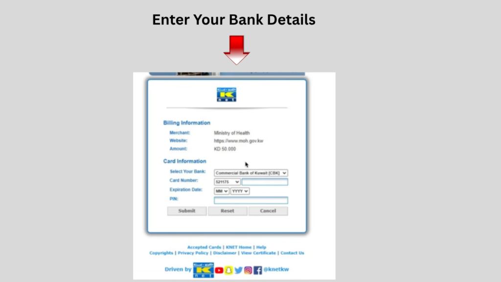 KNET payment page for Kuwait Health Insurance Registration showing secure debit card payment details on the Ministry of Health insurance portal.