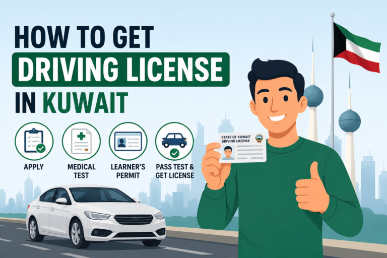 Animated illustration showing how to get a driving license in Kuwait with a driver holding a Kuwait driving license, a car, Kuwait skyline, and simple application steps.