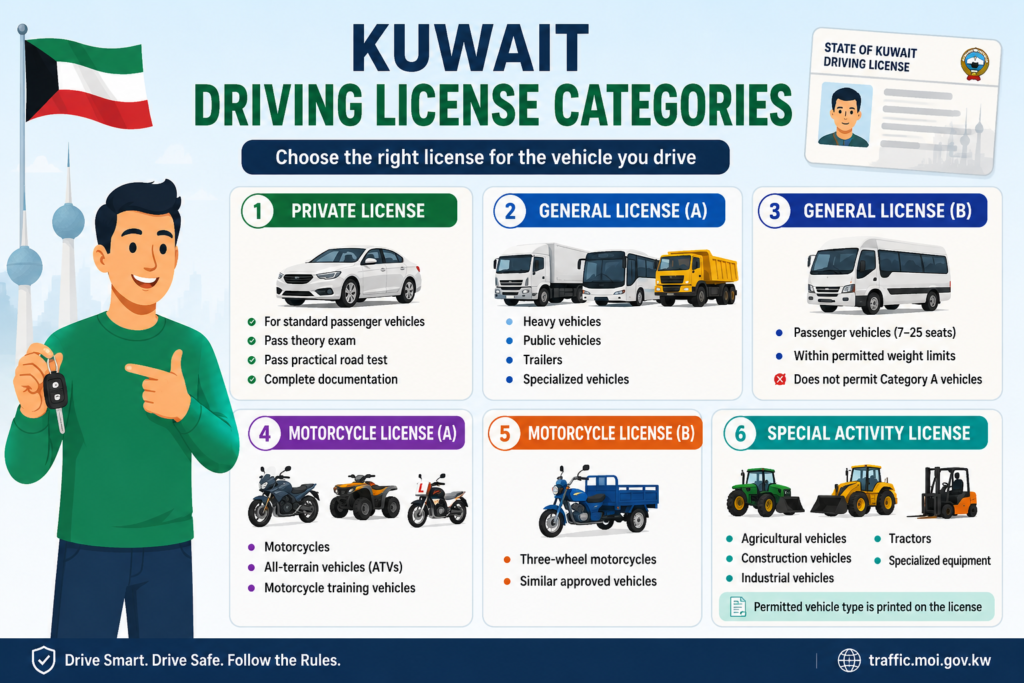 Kuwait driving license categories infographic showing private, general A and B, motorcycle A and B, and special activity licenses with vehicle illustrations.