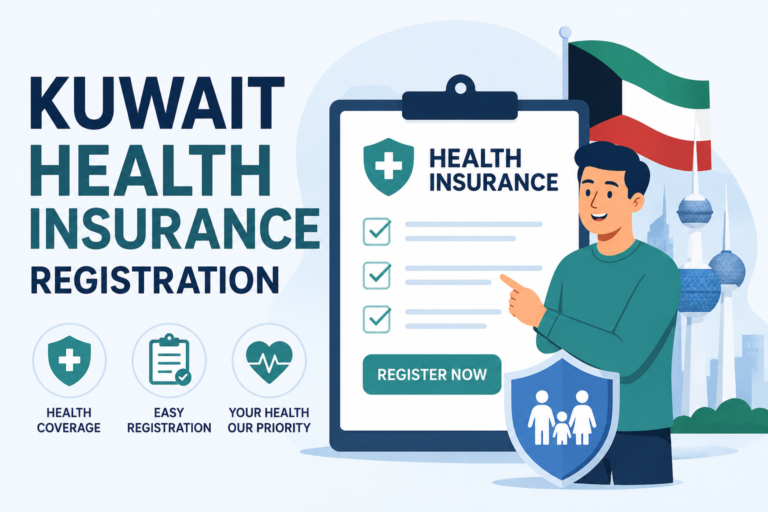 Kuwait Health Insurance Registration feature image showing an animated person pointing to a health insurance registration form with the Kuwait flag, medical shield, and registration checklist.