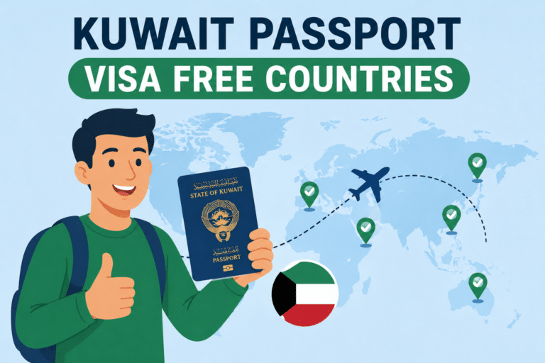 Kuwait passport visa-free countries illustration showing an animated traveler holding a Kuwaiti passport with a world map, flight path, and visa-free destinations.