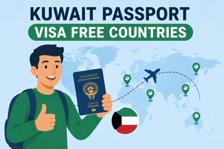 Kuwait passport visa-free countries illustration showing an animated traveler holding a Kuwaiti passport with a world map, flight path, and visa-free destinations.
