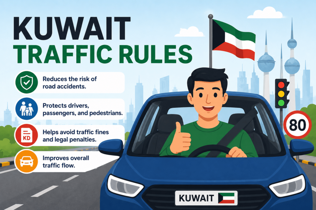 Illustrative Events related to the traffic rules in the state of Kuwait featuring an animated camper and traffic sign, speed limits, a Kuwaiti flag and various benefits of road safety.
