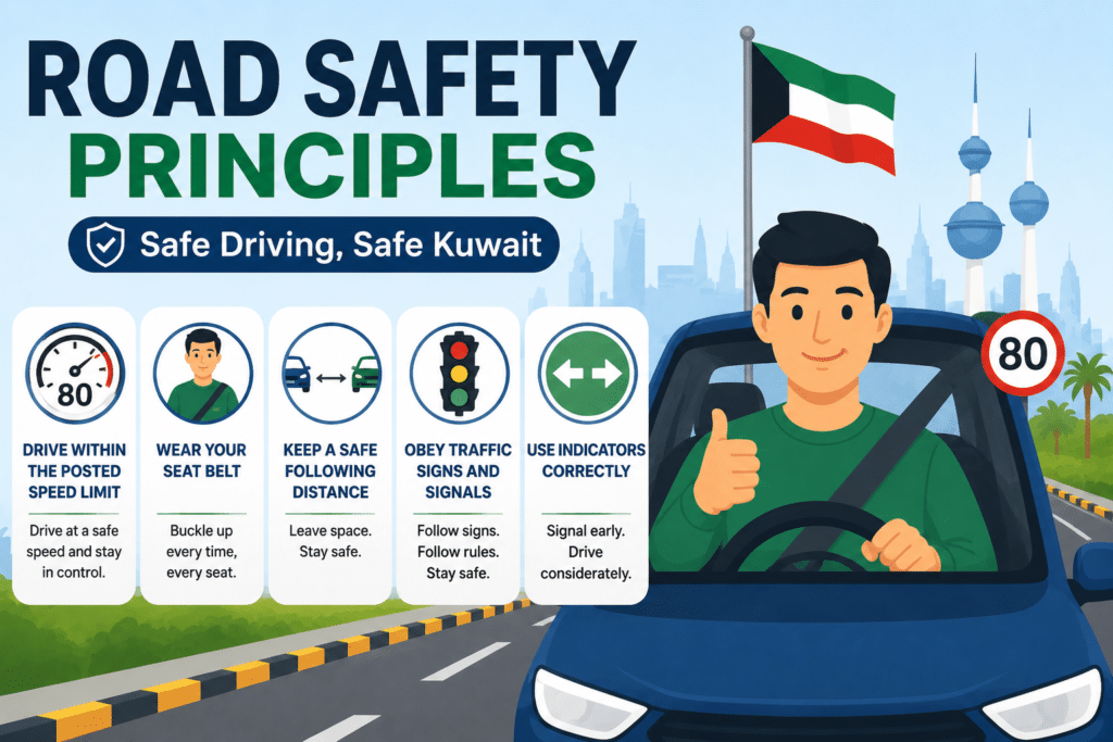 Road safety principles illustration with an animated driver, seat belt, speed limit, traffic signal, safe following distance, and indicator icons in Kuwait.