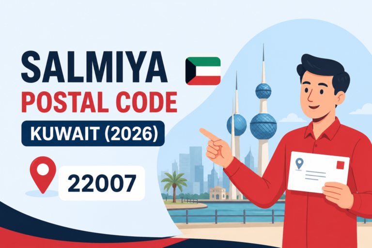 Salmiya Postal Code Kuwait (2026) feature image showing an animated man holding a mail envelope, Kuwait Towers, Kuwait flag, and the Salmiya postal code 22007.