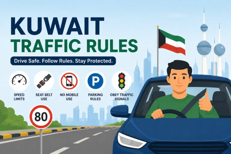 Kuwait traffic rules guide illustration with animated driver, road signs, speed limit sign, Kuwait flag, and safe driving tips.