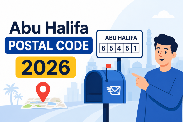 Abu Halifa Postal Code 2026 with a postal mailbox, location pin, and animated person