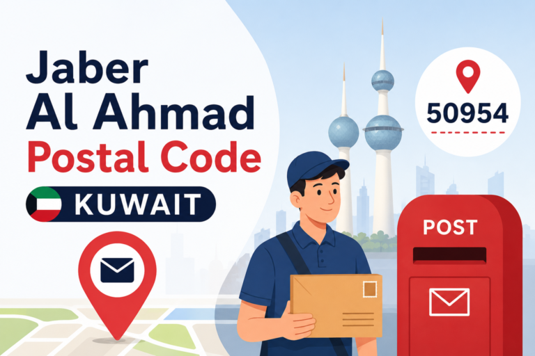 Jaber Al Ahmad Postal Code Kuwait feature image showing an animated postal worker holding a parcel, a mailbox, Kuwait Towers, and the Jaber Al Ahmad postal code location marker.