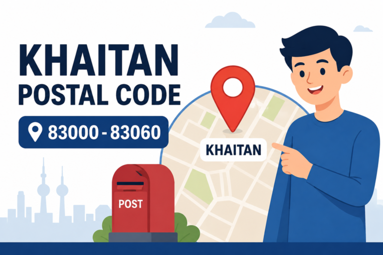 Khaitan Postal Code Kuwait with a map pin, postal mailbox, and animated person showing postal codes 83000–83060.