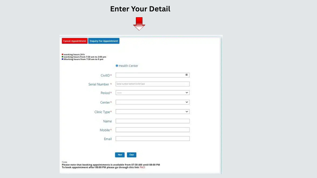 MOH Kuwait online appointment form to enter Civil ID and personal details