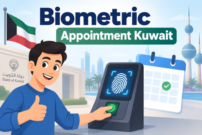 Biometric Appointment Kuwait with a person using a fingerprint scanner and appointment calendar