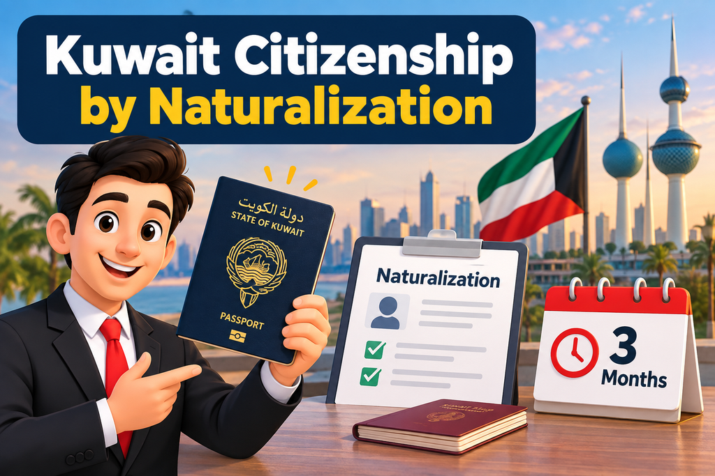 Kuwait Citizenship by Naturalization showing a naturalized citizen, Kuwait passport, naturalization application, and three-month nationality requirement