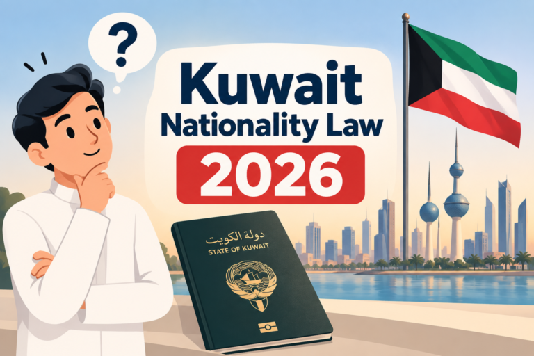 Kuwait Nationality Law 2026 featuring Kuwaiti citizenship rules, passport, flag and Kuwait Towers
