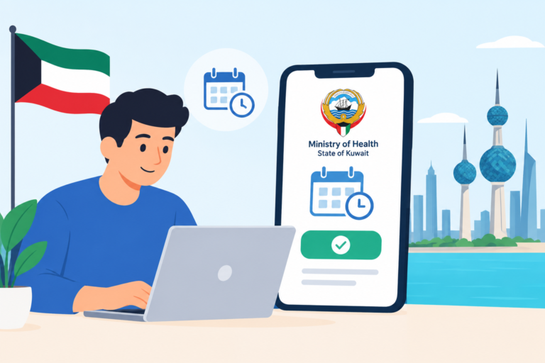 MOH Kuwait online appointment booking illustration with Kuwait flag, Ministry of Health appointment screen and Kuwait Towers