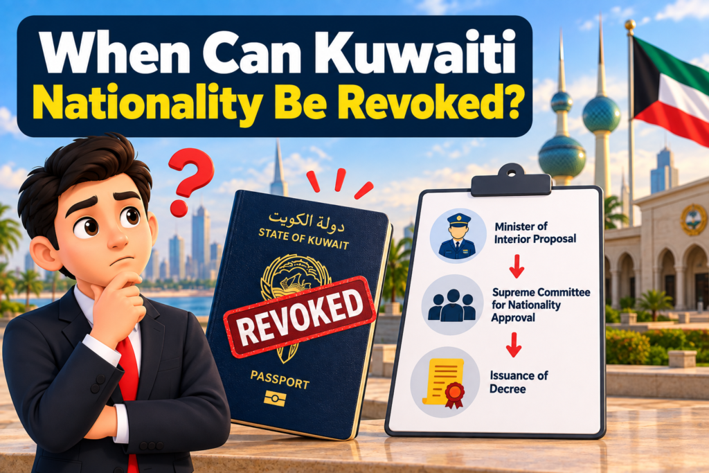 When can Kuwaiti nationality be revoked showing a revoked Kuwait passport and the nationality withdrawal process