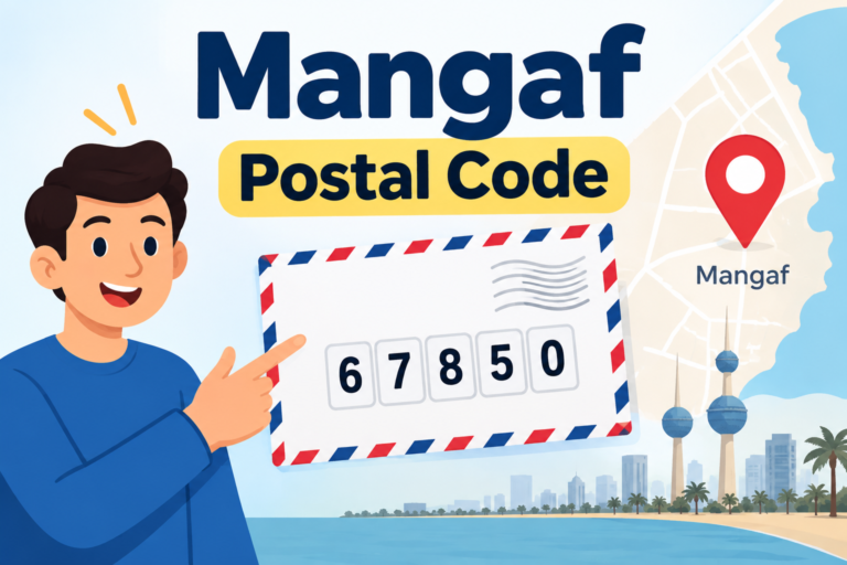 Mangaf postal code 67850 with a map pin, envelope, and Kuwait city illustration