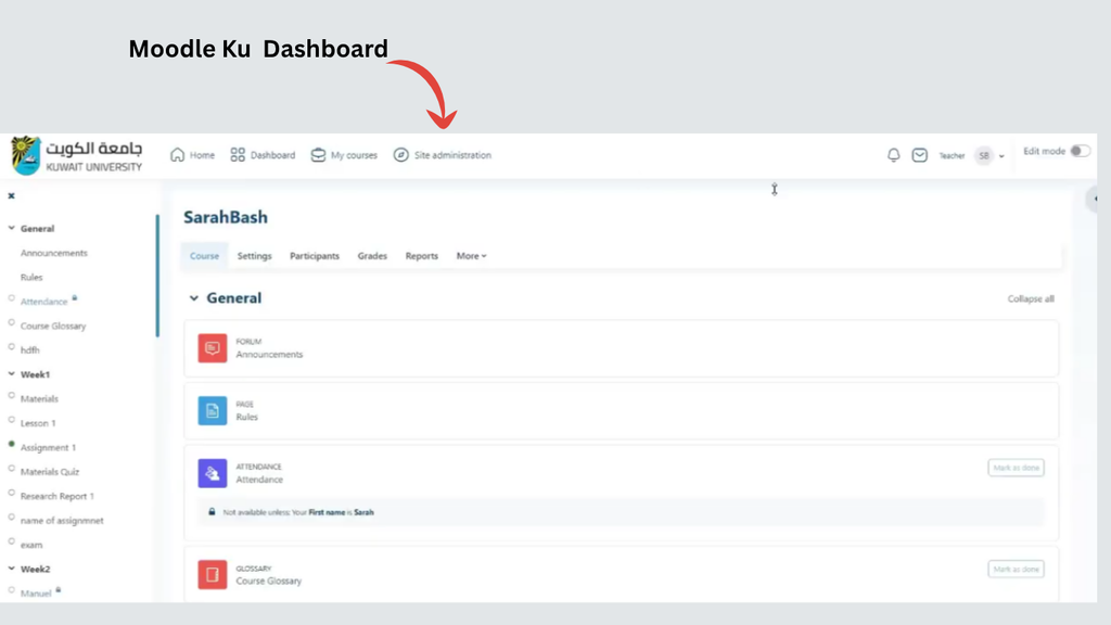 Moodle KU Login dashboard and course page