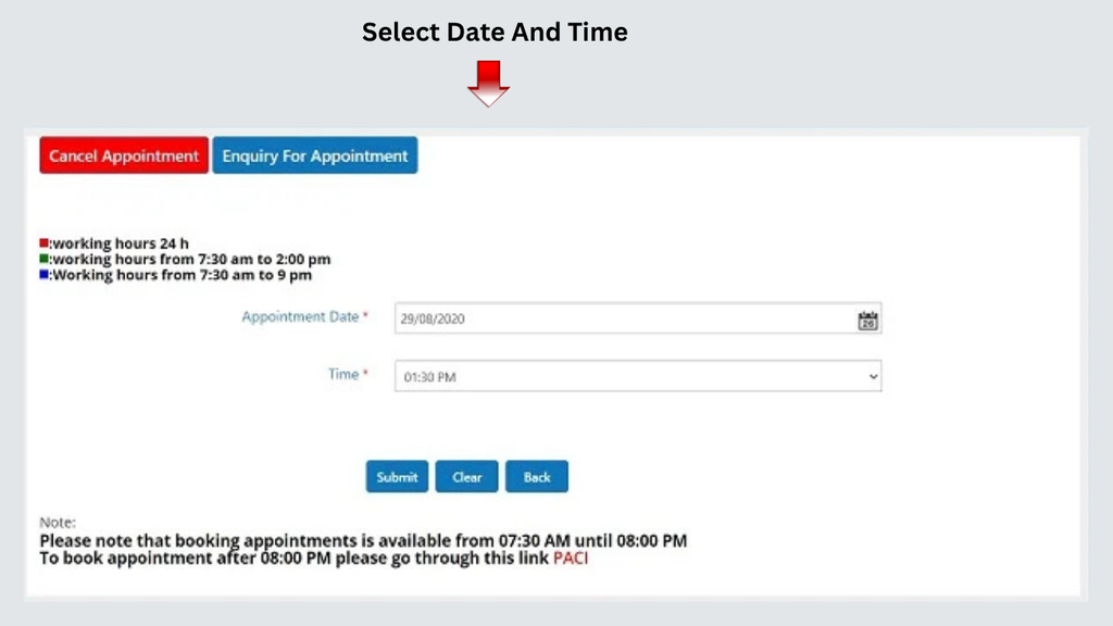 MOH Kuwait online appointment date and time selection screen