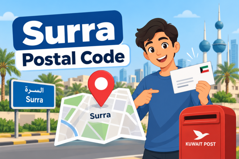 Surra Postal Code in Kuwait with a map, location pin, Kuwait Post mailbox, and Surra area sign
