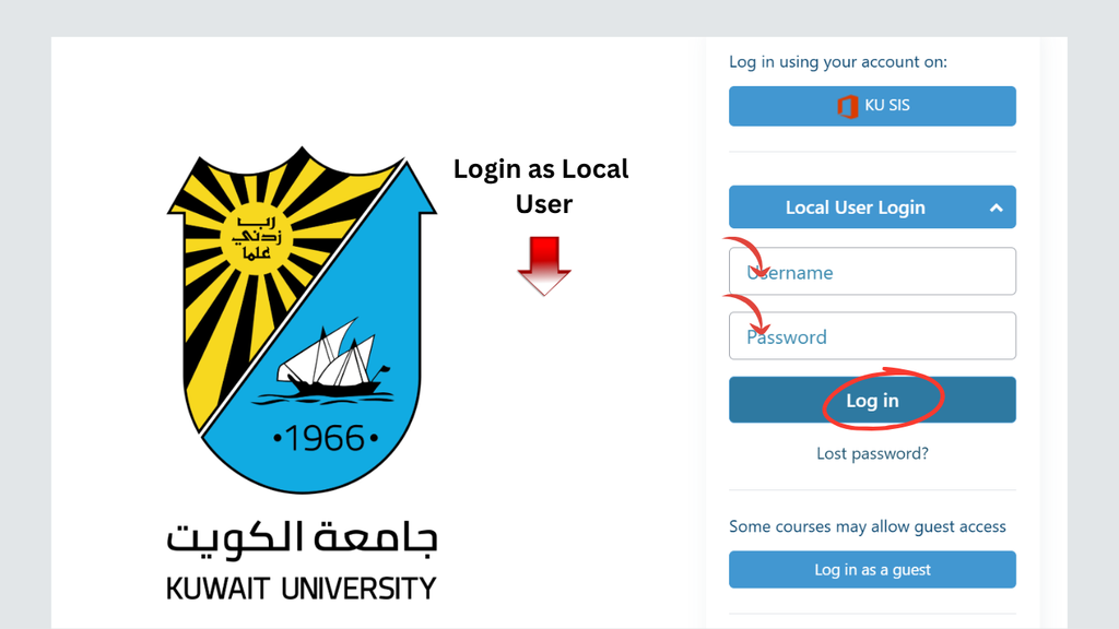 Moodle KU Login local user username and password fields