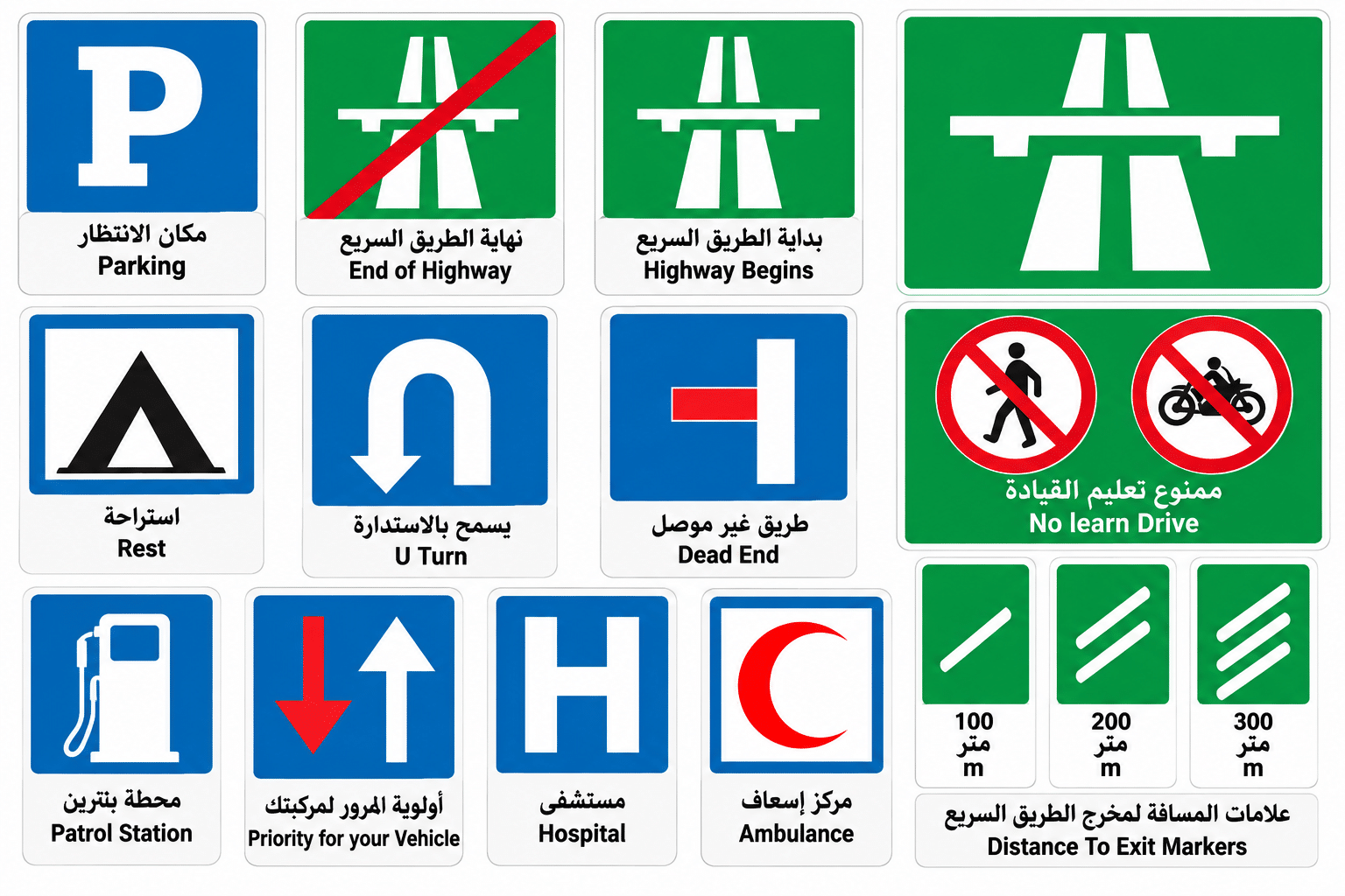 Kuwait traffic signs and road symbols showing parking, highway beginning and ending, U-turn, dead end, hospital, ambulance, fuel station, and exit distance markers.