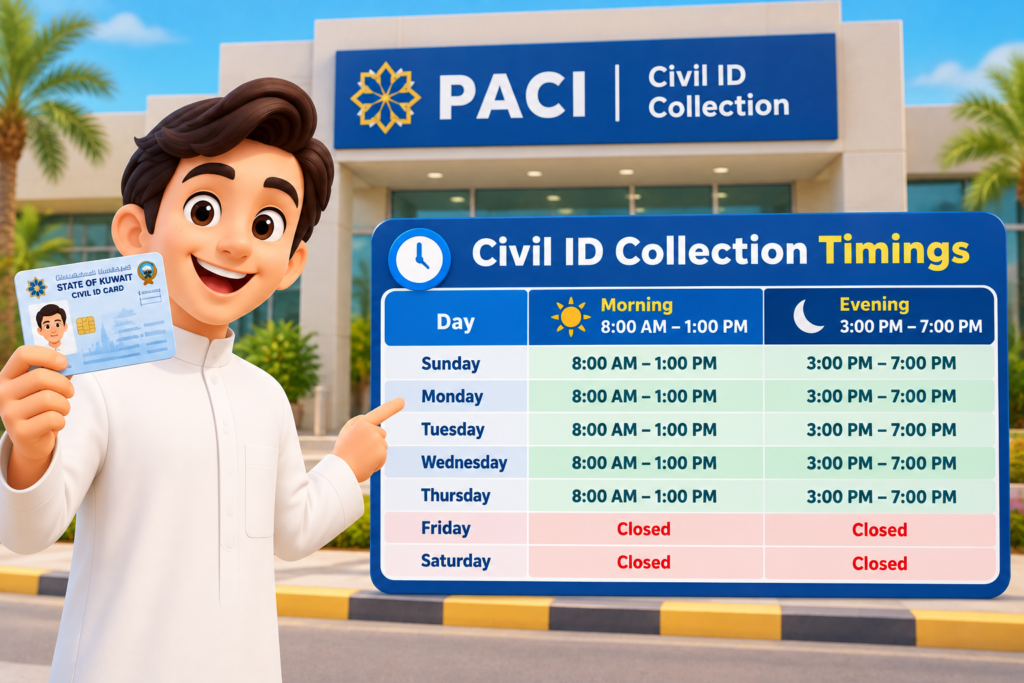 South Subahiya Civil ID collection timings showing Sunday to Thursday hours and Friday Saturday closure