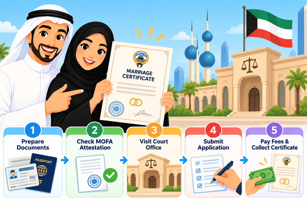 Five steps to get a marriage certificate in Kuwait, from preparing documents to collecting the certificate.