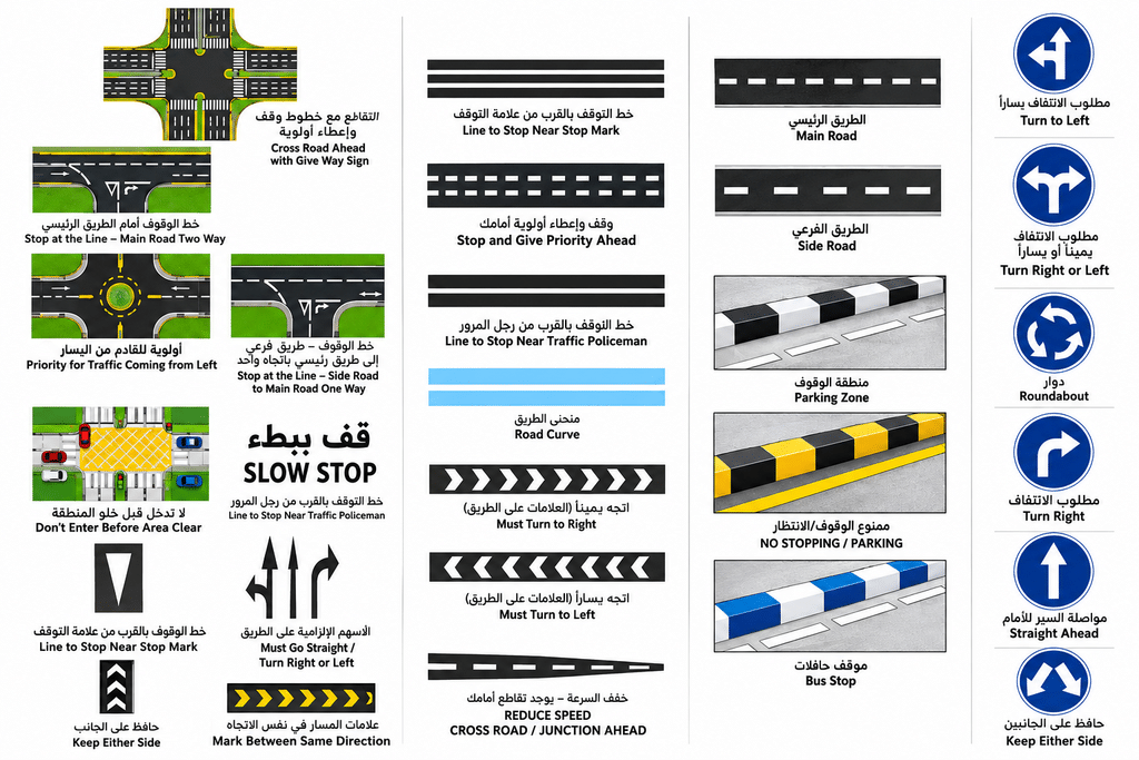 Kuwait road markings and traffic directions showing stop lines, give-way markings, parking zones, bus stops, lane arrows, and mandatory turn signs.