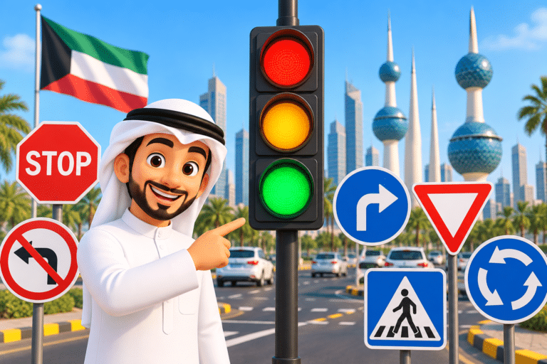Kuwait traffic signals and road signs showing traffic light colors, stop sign, turn directions, and pedestrian crossing with an animated man.