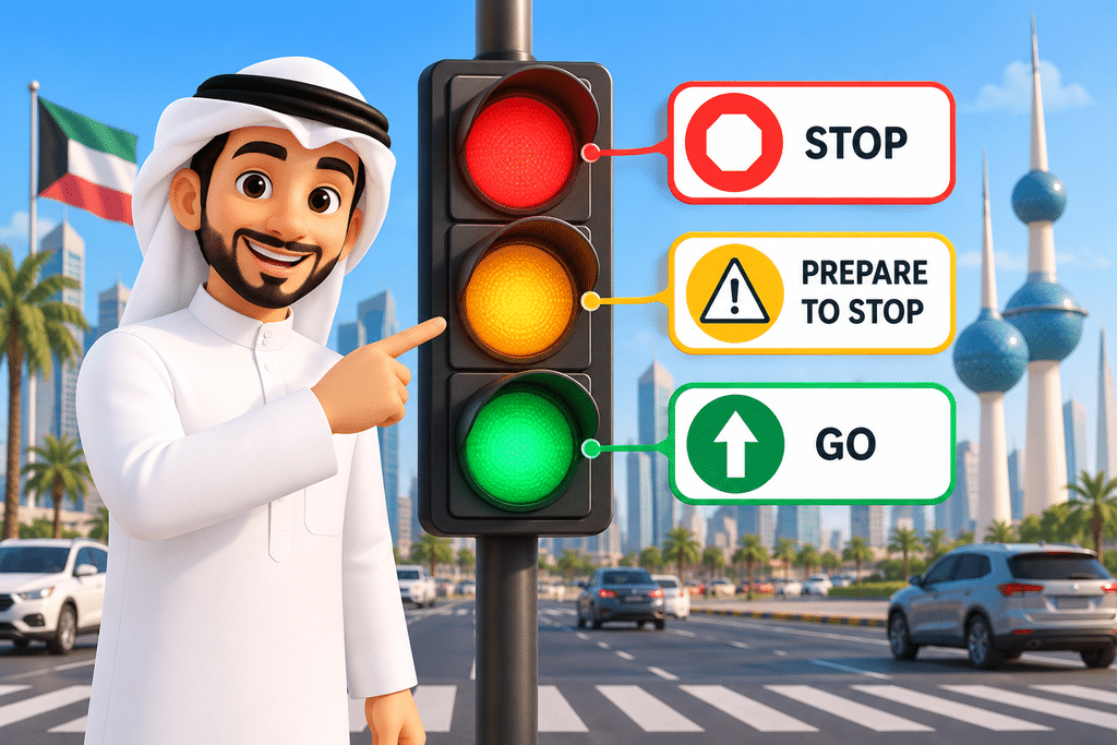 Kuwait traffic light colors showing red for stop, yellow for prepare to stop, and green for go, with a cartoon man pointing at the signal.