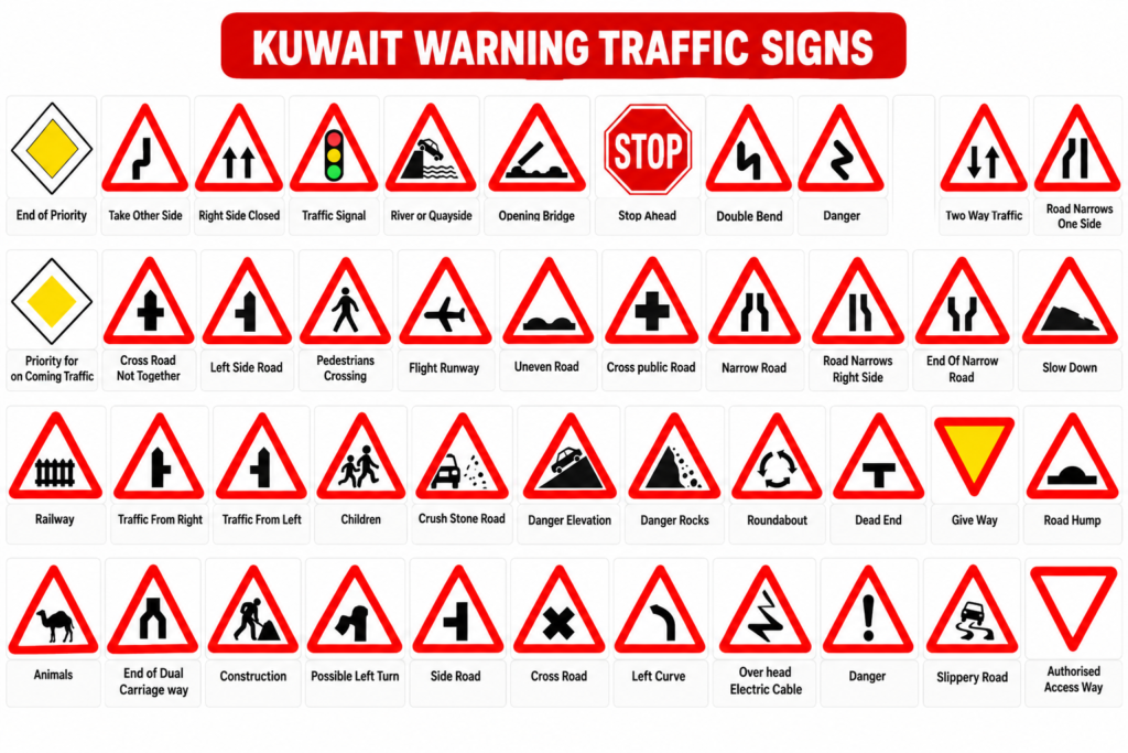 Kuwait warning traffic signs with meanings, including road curves, traffic signals, pedestrian crossings, roundabouts, roadworks, slippery roads, and give-way signs.
