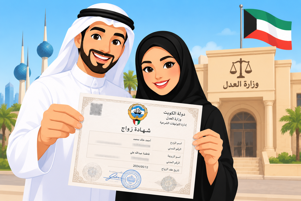 Animated couple holding a sample marriage certificate in Kuwait outside a courthouse.